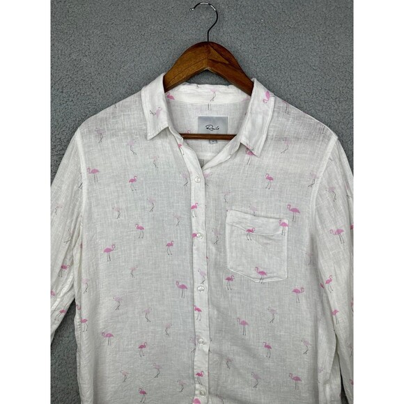 Rails Button Up Womens Small Linen Blend Shirt White Flamingo Long Sleeve Pocket - Picture 2 of 6